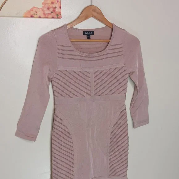 Bebe Dress Bodycorn Pink Small Stretch 3/4 sleeves - Picture 2 of 9